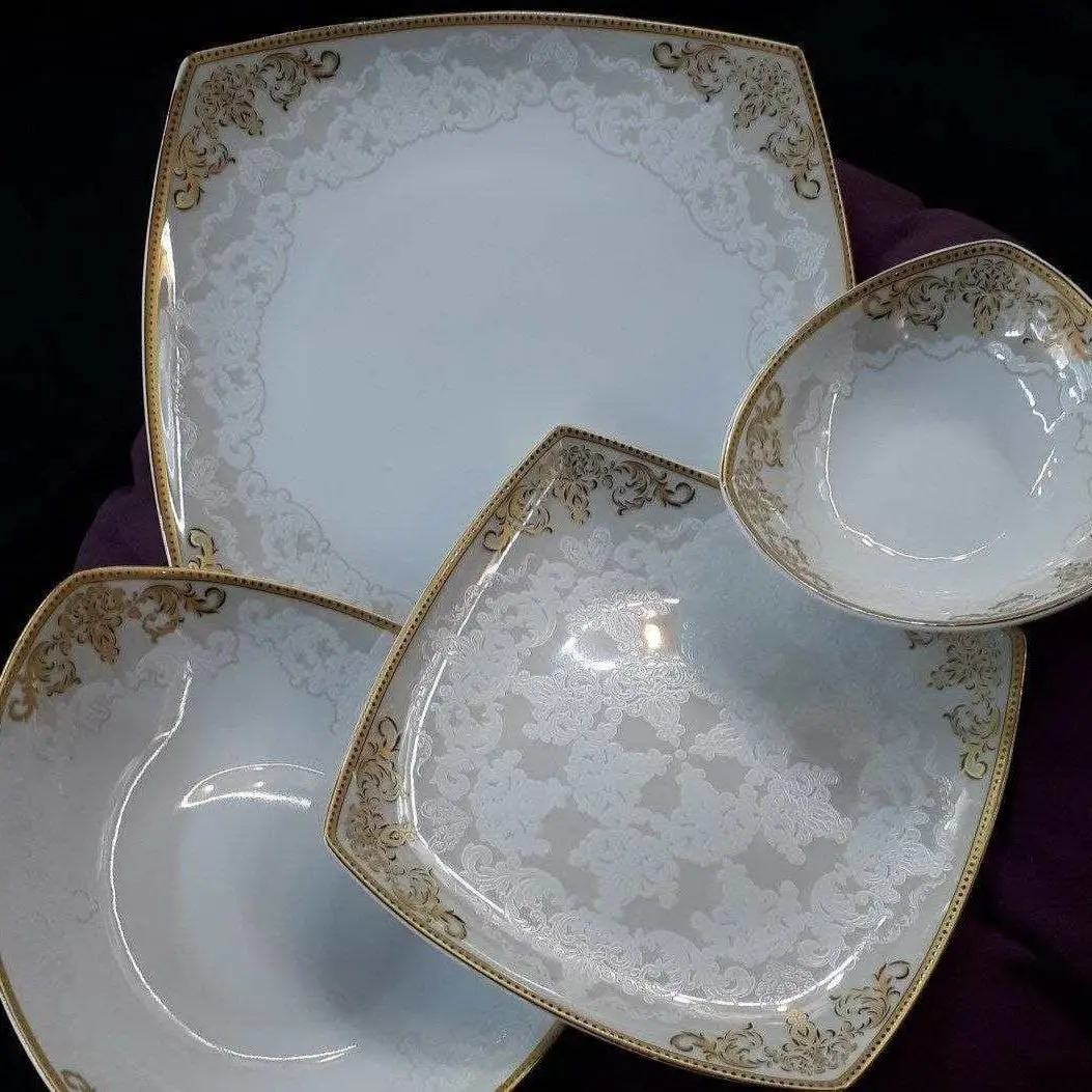 سرویس غذاخوری 12 نفره 105 پارچه چینی پردیس کاشان قالب پاریس طرح دلوین طللایی کد 479B
