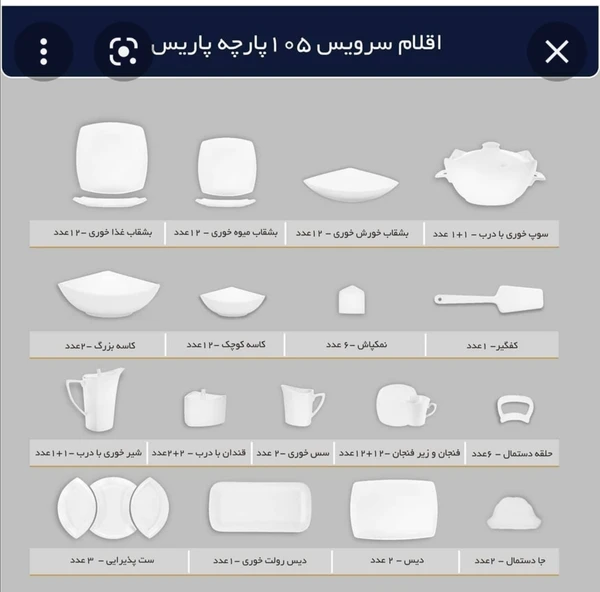 سرویس غذاخوری 12 نفره 105A پارچه چینی پردیس کاشان طرح سیسیل 2031 پلاتین