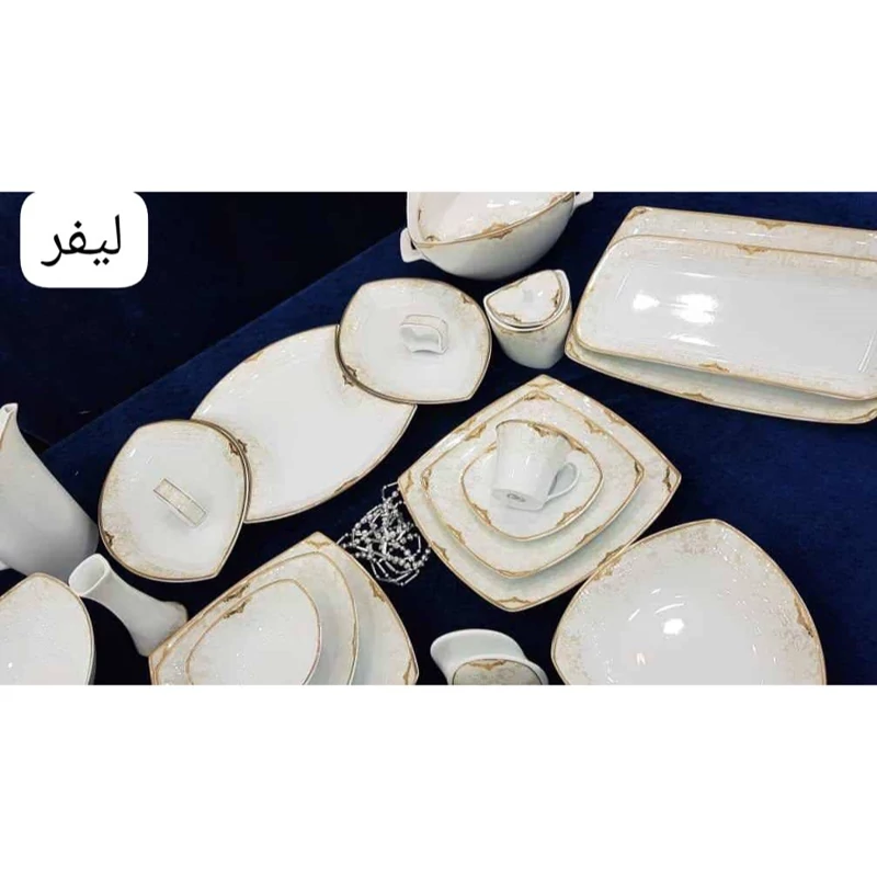 سرویس غذاخوری 12 نفره 105 پارچه چینی پردیس کاشان قالب پاریس طرح لیفر طللایی کد 498