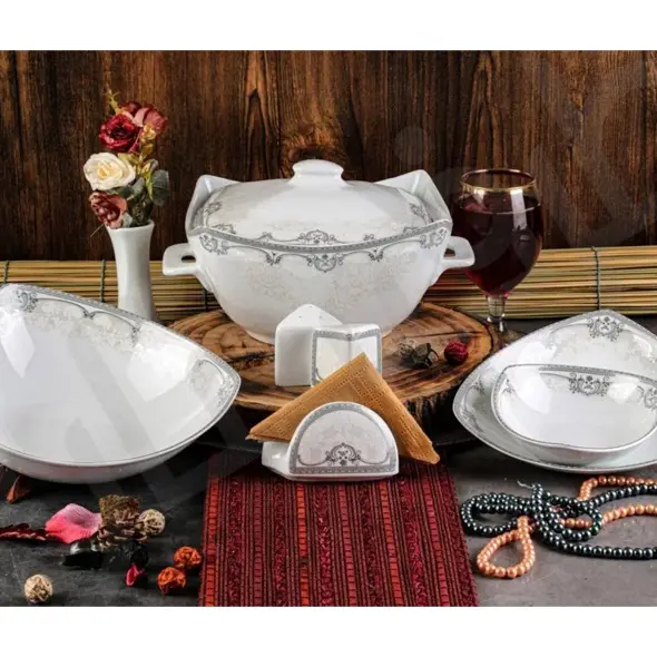 سرویس غذاخوری 12 نفره 105 پارچه چینی پردیس کاشان قالب پاریس طرح آزارا نقره ای 105 پارچه کد 2010A