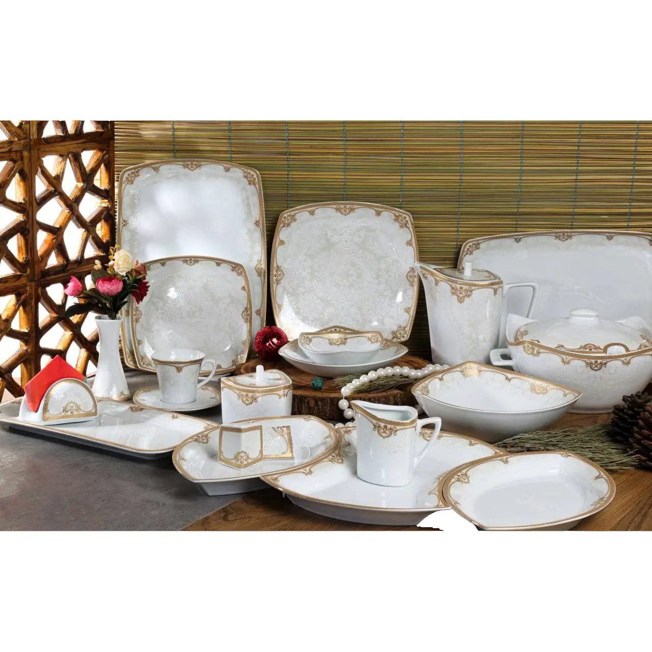سرویس غذاخوری 12 نفره 105 پارچه چینی پردیس کاشان قالب پاریس طرح آزارا طلایی کد 2010B