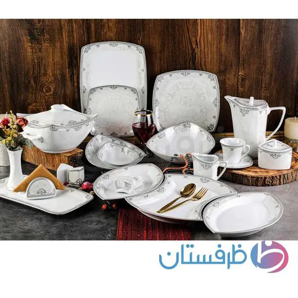 سرویس غذاخوری 12 نفره 105 پارچه چینی پردیس کاشان قالب پاریس طرح آزارا نقره ای 105 پارچه کد 2010A