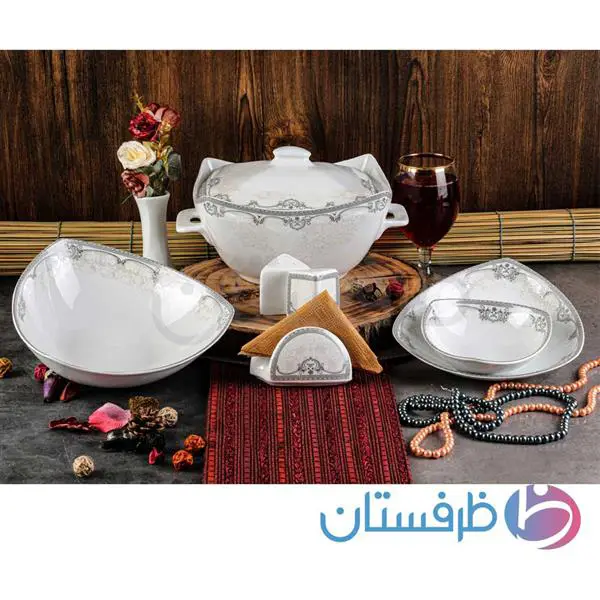 سرویس غذاخوری 12 نفره 105 پارچه چینی پردیس کاشان قالب پاریس طرح آزارا نقره ای 105 پارچه کد 2010A