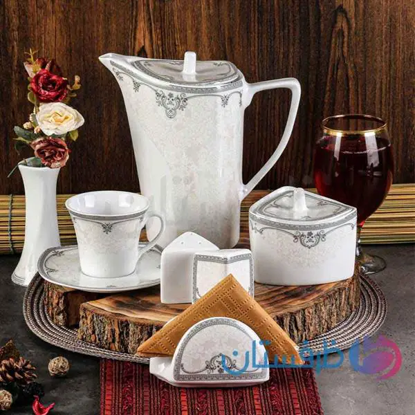 سرویس غذاخوری 12 نفره 105 پارچه چینی پردیس کاشان قالب پاریس طرح آزارا نقره ای 105 پارچه کد 2010A