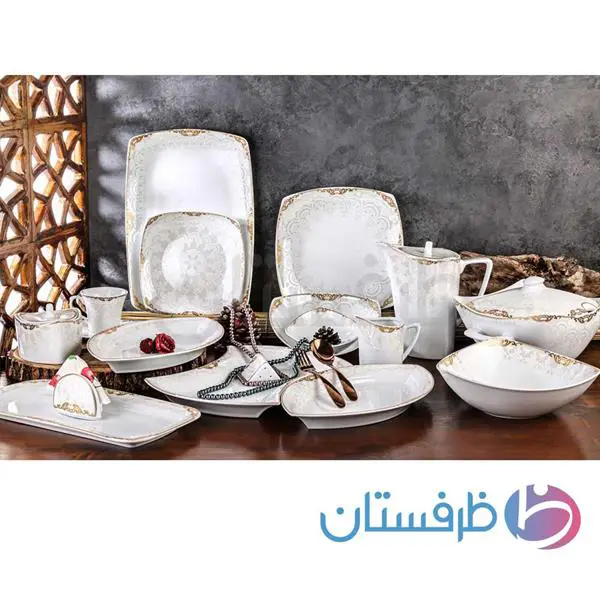 سرویس غذاخوری 12 نفره 105 پارچه چینی پردیس کاشان طرح اپتیما طلایی کد 2011B