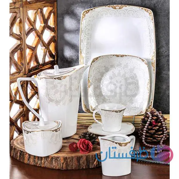 سرویس غذاخوری 12 نفره 105 پارچه چینی پردیس کاشان طرح اپتیما طلایی کد 2011B