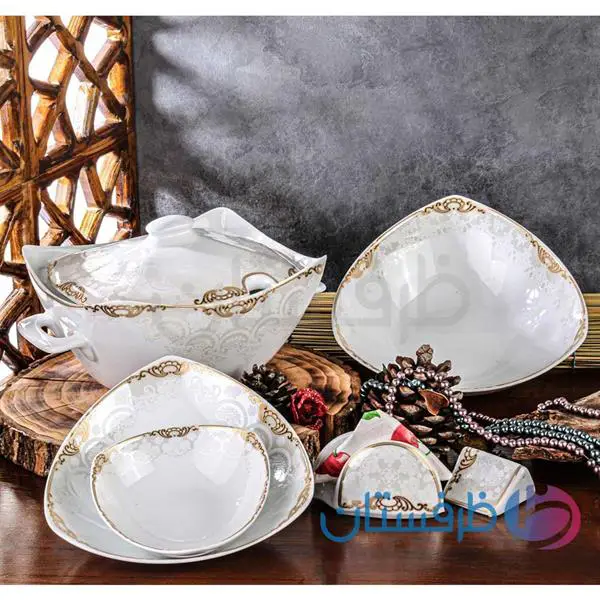 سرویس غذاخوری 12 نفره 105 پارچه چینی پردیس کاشان طرح اپتیما طلایی کد 2011B