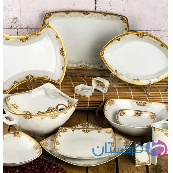 سرویس غذاخوری 12 نفره 105 پارچه چینی پردیس کاشان قالب پاریس طرح آزارا طلایی کد 2010B
