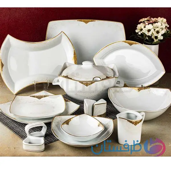 سرویس غذاخوری 12 نفره 105 پارچه چینی پردیس کاشان قالب پاریس سوناتا طلایی 2009B