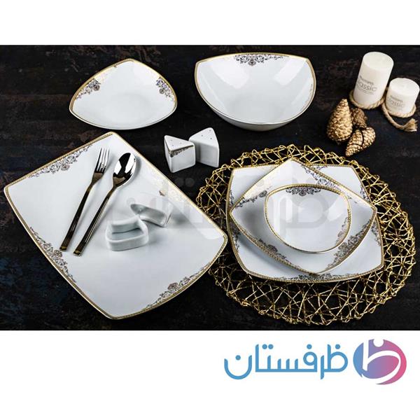 سرویس غذاخوری 12 نفره 105 پارچه چینی پردیس کاشان قالب پاریس طرح مرکادو طللایی کد 480