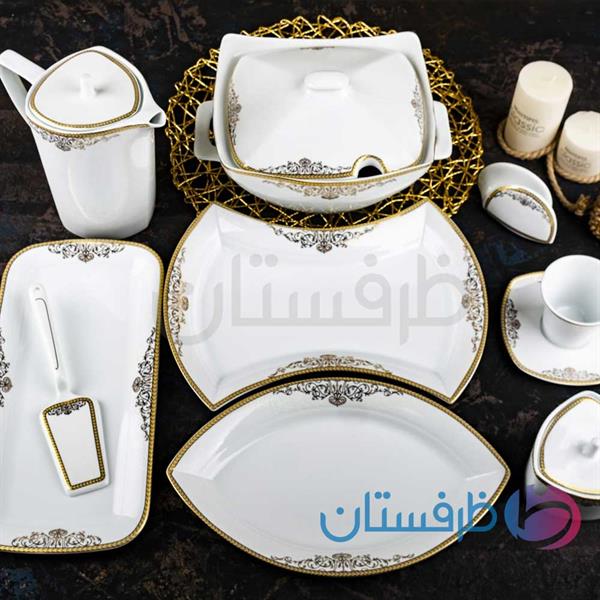 سرویس غذاخوری 12 نفره 105 پارچه چینی پردیس کاشان قالب پاریس طرح مرکادو طللایی کد 480