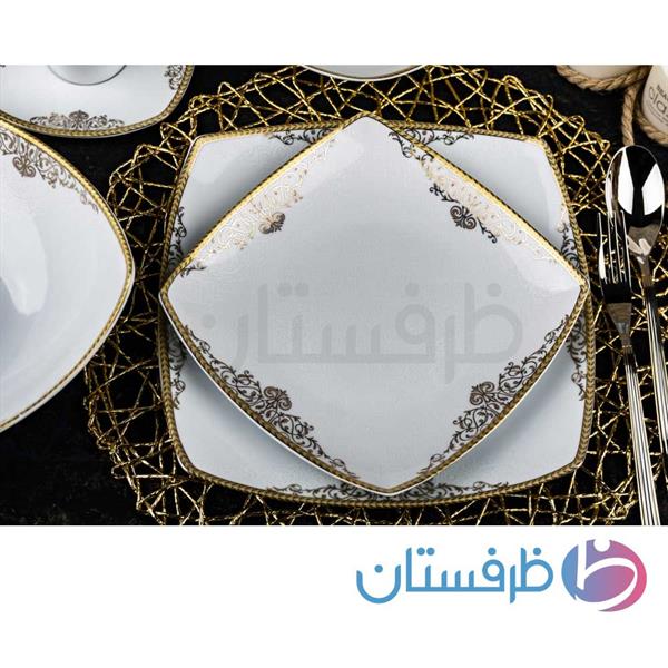 سرویس غذاخوری 12 نفره 105 پارچه چینی پردیس کاشان قالب پاریس طرح مرکادو طللایی کد 480
